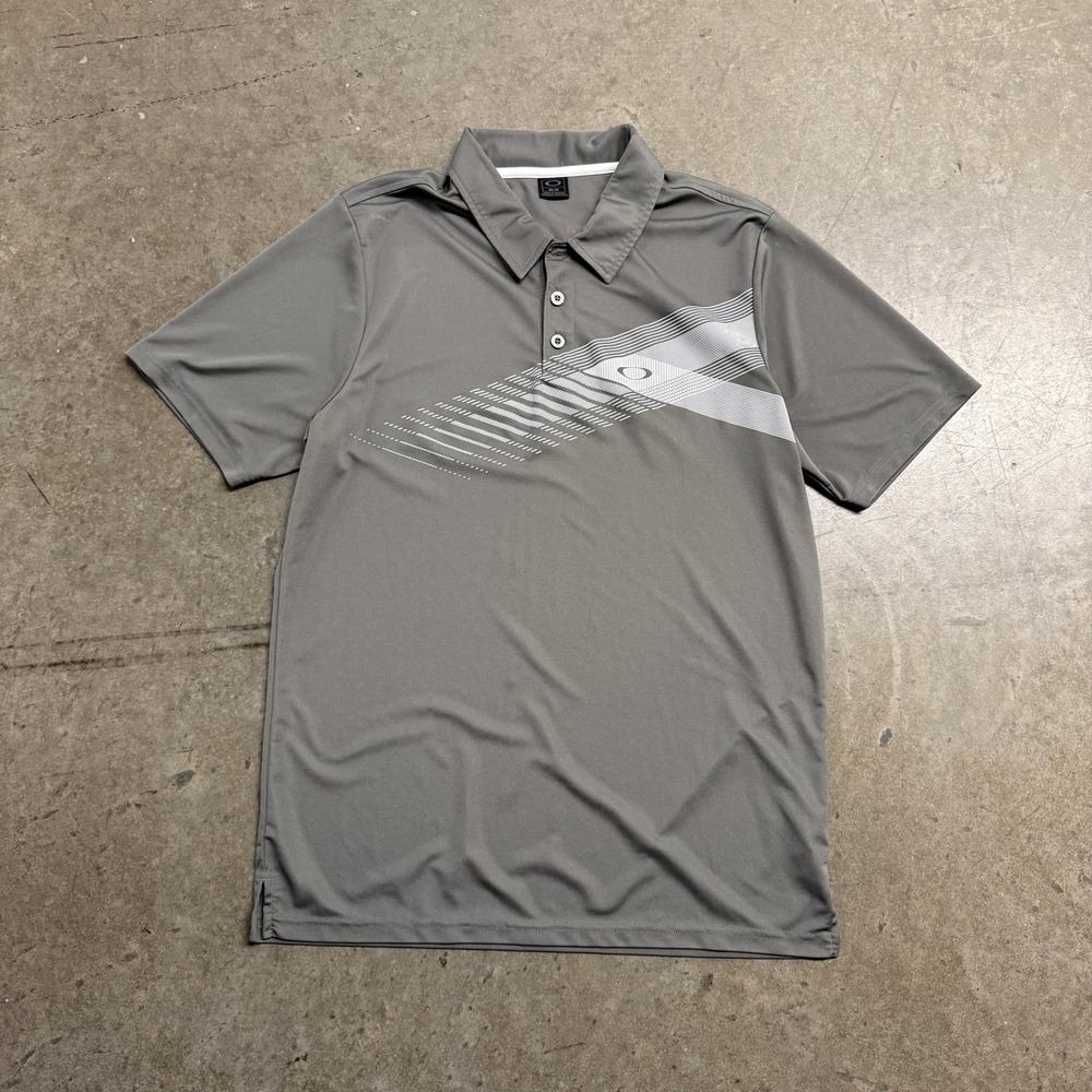 Oakley Mens Gray Short Sleeve Performance Polo Shirt Graphic‎ Logo Size Medium